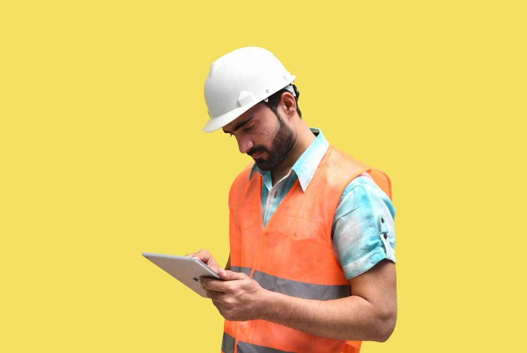 Persona con casco de seguridad revisando una tablet en una obra de construcción